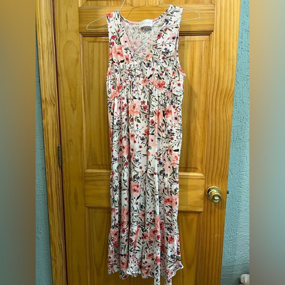 French Grey size small pink, coral, and purple floral maxi dress